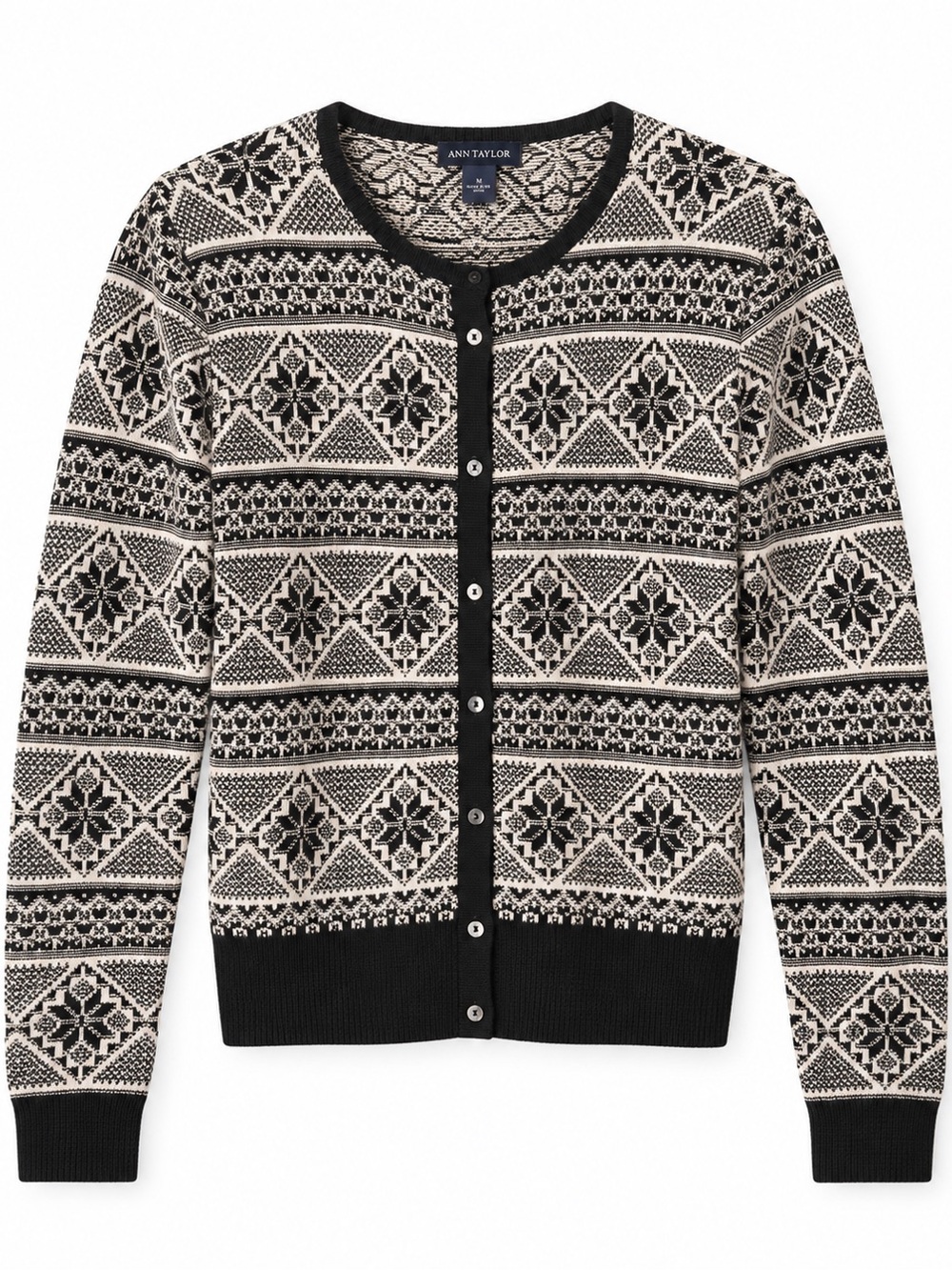 Vintage 100% Merino Wool Taylor Black & Cream Fair Isle Button Cardigan Sweater